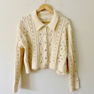 Cable Knit Cream Button-Up Cardigan With Rhinestone Accents & Collared Neckline